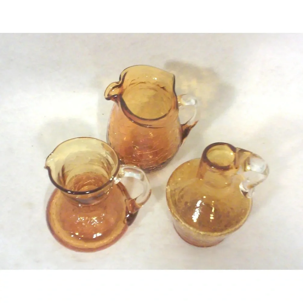 Set of Three Vintage Blenko Miniature Amber Crackle Glass Vase Pitchers